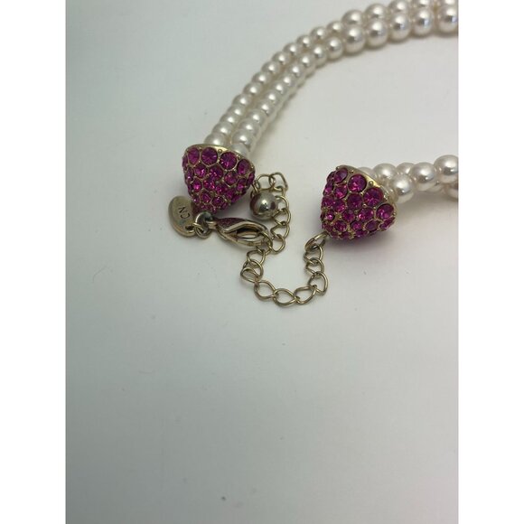 Signed Scaasi Double Strand Faux Pearl Adjustable Necklace w/ Pink Rhinestones - Picture 3 of 4